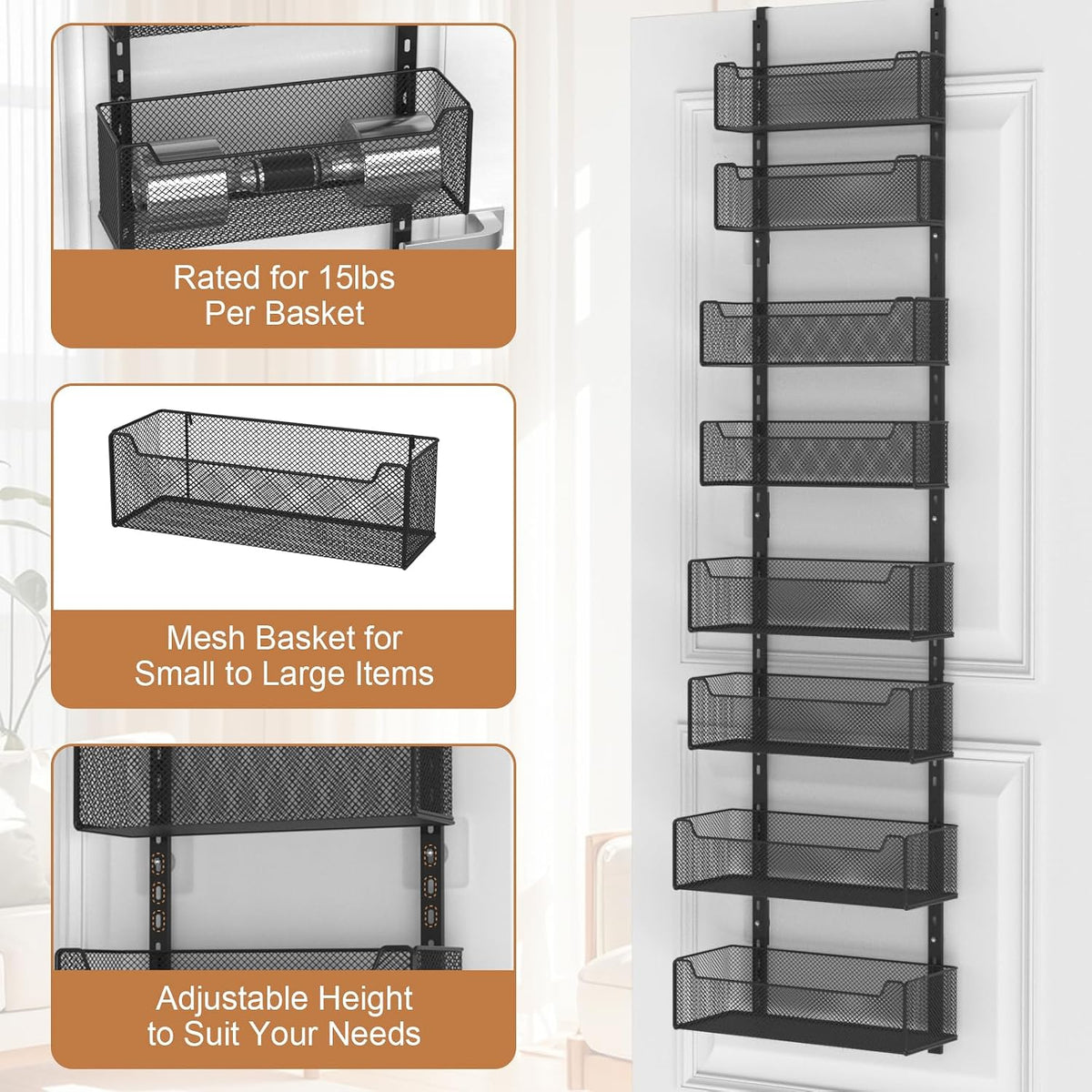 Over The Door Organizer, Metal Door Organizer Hanging with 5 Adjustable Baskets and Coat Hook, Behind The Door Storage for Bedroom Closet Bathroom Pantry Cabinet Kitchen, Black
