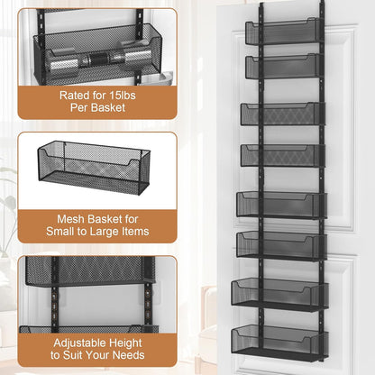 Over The Door Organizer, Metal Door Organizer Hanging with 5 Adjustable Baskets and Coat Hook, Behind The Door Storage for Bedroom Closet Bathroom Pantry Cabinet Kitchen, Black
