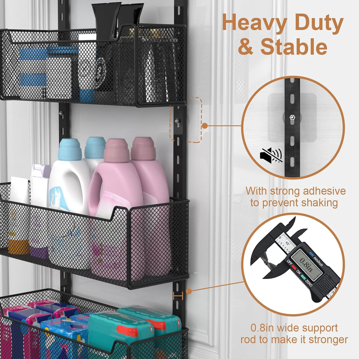 Over The Door Organizer, Metal Door Organizer Hanging with 5 Adjustable Baskets and Coat Hook, Behind The Door Storage for Bedroom Closet Bathroom Pantry Cabinet Kitchen, Black