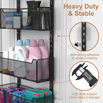 Over The Door Organizer, Metal Door Organizer Hanging with 5 Adjustable Baskets and Coat Hook, Behind The Door Storage for Bedroom Closet Bathroom Pantry Cabinet Kitchen, Black