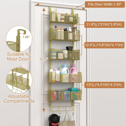 Over The Door Organizer, Metal Door Organizer Hanging with 5 Adjustable Baskets and Coat Hook, Behind The Door Storage for Bedroom Closet Bathroom Pantry Cabinet Kitchen, Black