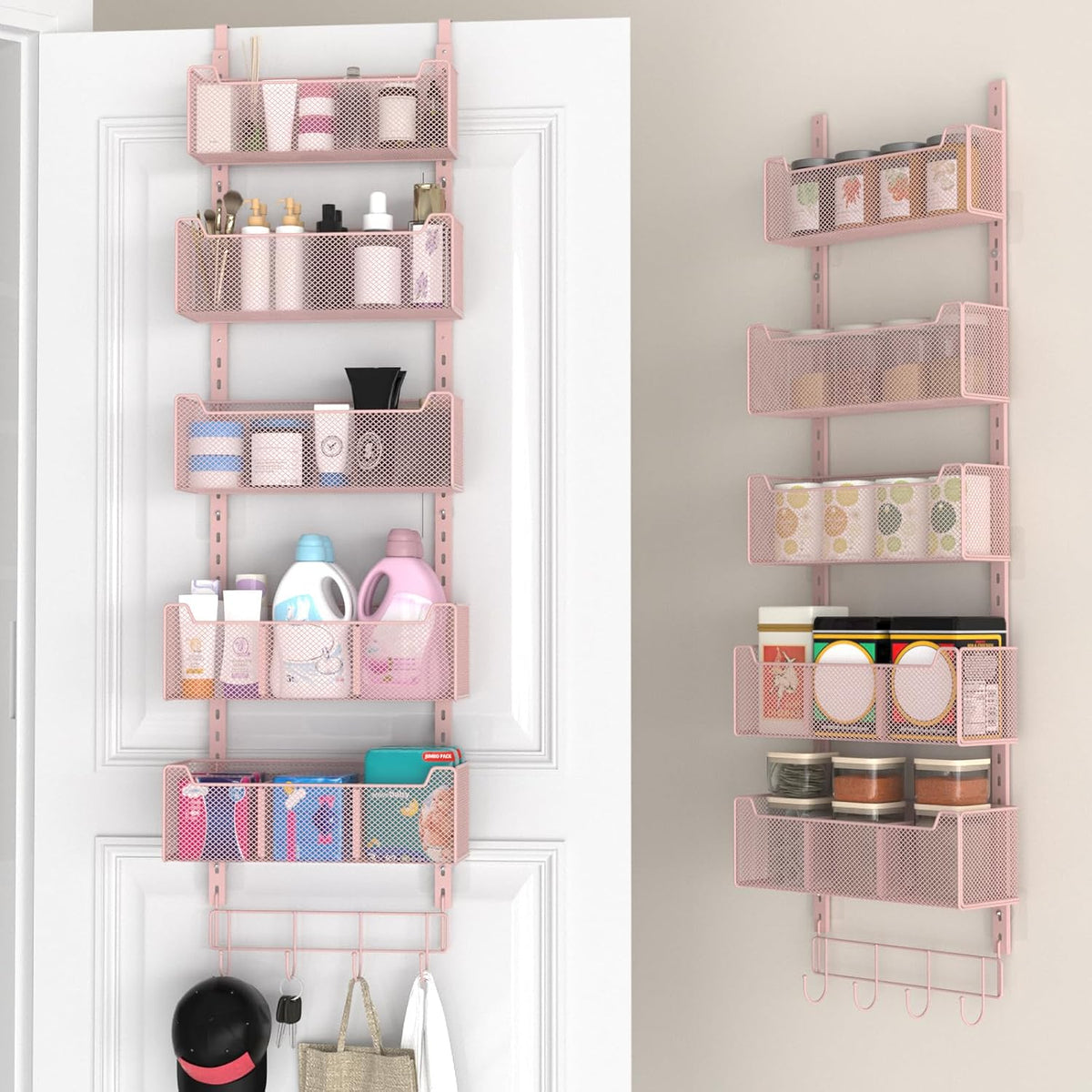 Over The Door Organizer, Metal Door Organizer Hanging with 5 Adjustable Baskets and Coat Hook, Behind The Door Storage for Bedroom Closet Bathroom Pantry Cabinet Kitchen, Black