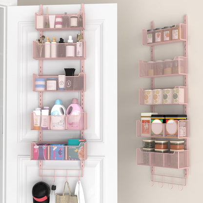 Over The Door Organizer, Metal Door Organizer Hanging with 5 Adjustable Baskets and Coat Hook, Behind The Door Storage for Bedroom Closet Bathroom Pantry Cabinet Kitchen, Black