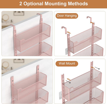 Over The Door Organizer, Metal Door Organizer Hanging with 5 Adjustable Baskets and Coat Hook, Behind The Door Storage for Bedroom Closet Bathroom Pantry Cabinet Kitchen, Black