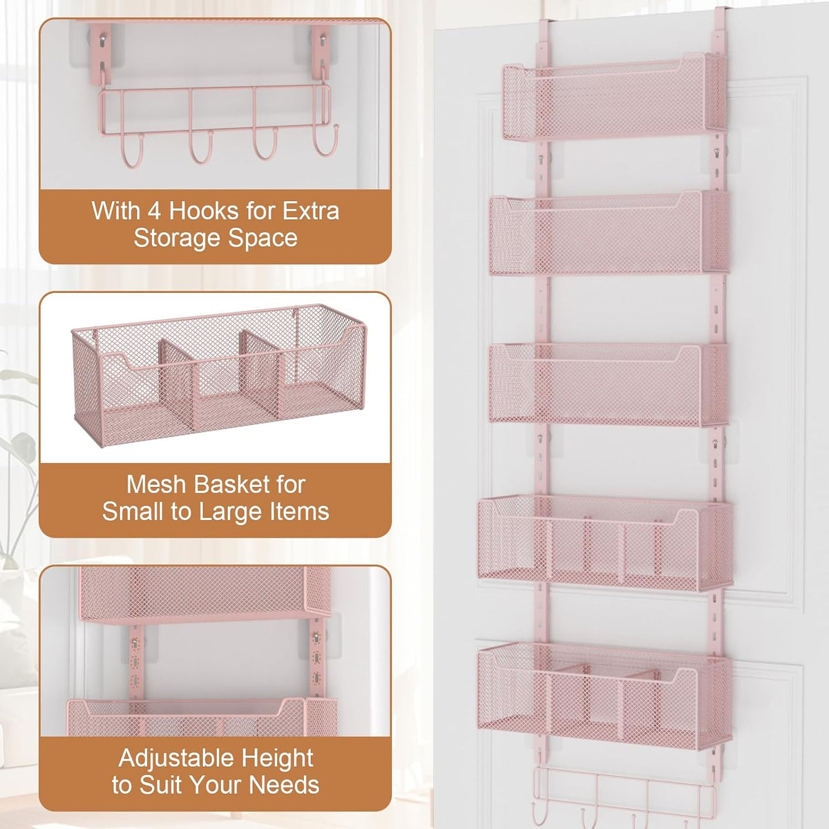 Over The Door Organizer, Metal Door Organizer Hanging with 5 Adjustable Baskets and Coat Hook, Behind The Door Storage for Bedroom Closet Bathroom Pantry Cabinet Kitchen, Black