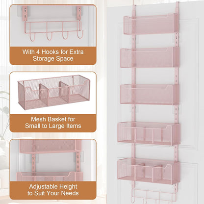 Over The Door Organizer, Metal Door Organizer Hanging with 5 Adjustable Baskets and Coat Hook, Behind The Door Storage for Bedroom Closet Bathroom Pantry Cabinet Kitchen, Black