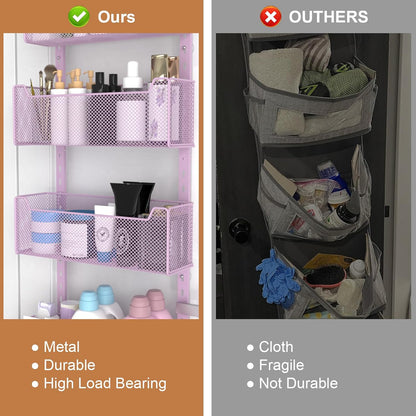 Over The Door Organizer, Metal Door Organizer Hanging with 5 Adjustable Baskets and Coat Hook, Behind The Door Storage for Bedroom Closet Bathroom Pantry Cabinet Kitchen, Black