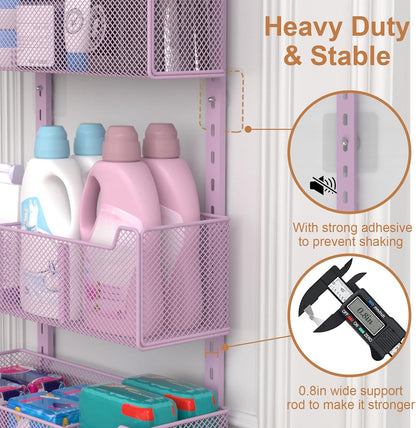 Over The Door Organizer, Metal Door Organizer Hanging with 5 Adjustable Baskets and Coat Hook, Behind The Door Storage for Bedroom Closet Bathroom Pantry Cabinet Kitchen, Black