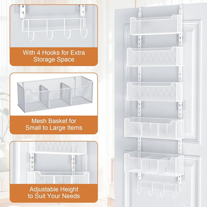 Over The Door Organizer, Metal Door Organizer Hanging with 5 Adjustable Baskets and Coat Hook, Behind The Door Storage for Bedroom Closet Bathroom Pantry Cabinet Kitchen, Black
