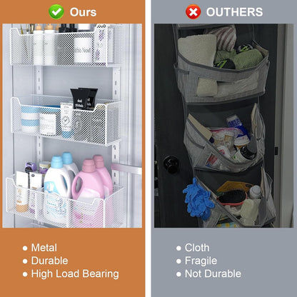 Over The Door Organizer, Metal Door Organizer Hanging with 5 Adjustable Baskets and Coat Hook, Behind The Door Storage for Bedroom Closet Bathroom Pantry Cabinet Kitchen, Black