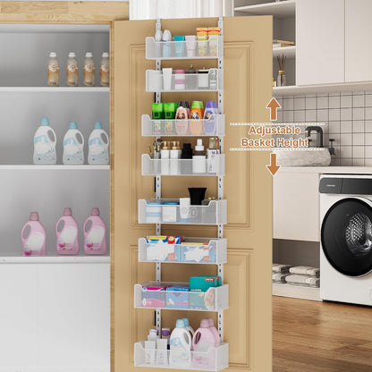 Over The Door Organizer, Metal Door Organizer Hanging with 5 Adjustable Baskets and Coat Hook, Behind The Door Storage for Bedroom Closet Bathroom Pantry Cabinet Kitchen, Black