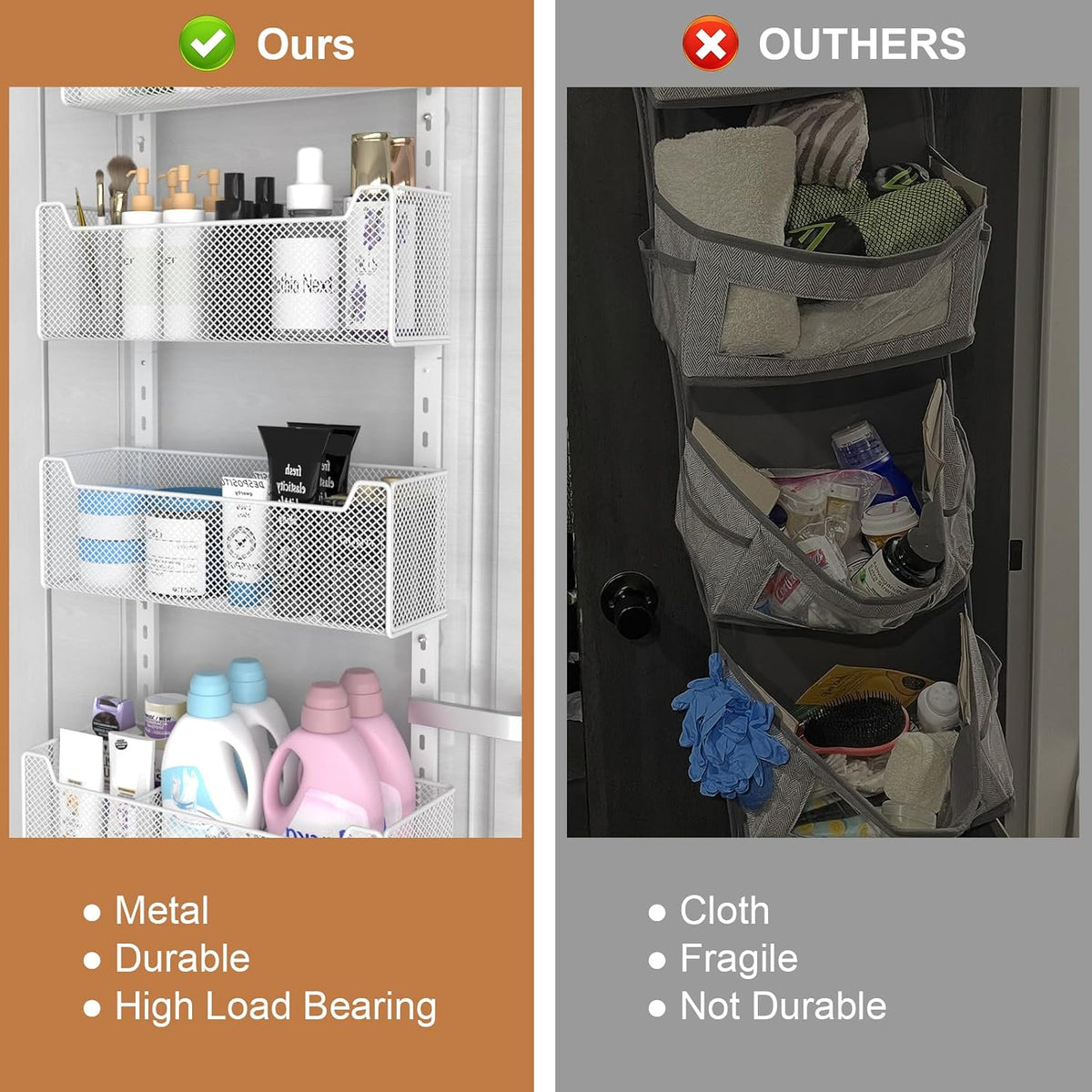 Over The Door Organizer, Metal Door Organizer Hanging with 5 Adjustable Baskets and Coat Hook, Behind The Door Storage for Bedroom Closet Bathroom Pantry Cabinet Kitchen, Black