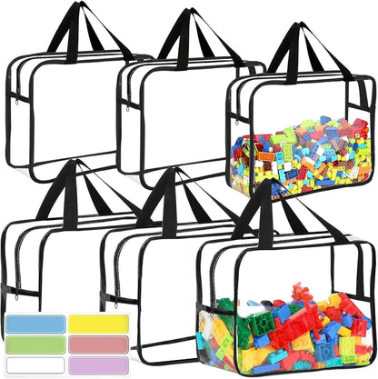 6PCS Toy Storage Bags, Clear Waterproof Toy Organizer Bags with Labels, Suitable for Storing Building Blocks, Puzzles, Stationery, and Books (6PCS Black XL: 13.8 * 9.25 * 6.9Inch)