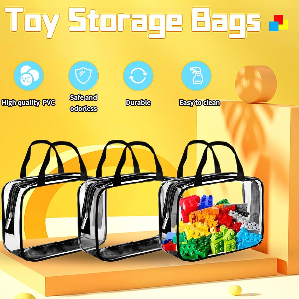 6PCS Toy Storage Bags, Clear Waterproof Toy Organizer Bags with Labels, Suitable for Storing Building Blocks, Puzzles, Stationery, and Books (6PCS Black XL: 13.8 * 9.25 * 6.9Inch)