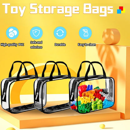 6PCS Toy Storage Bags, Clear Waterproof Toy Organizer Bags with Labels, Suitable for Storing Building Blocks, Puzzles, Stationery, and Books (6PCS Black XL: 13.8 * 9.25 * 6.9Inch)