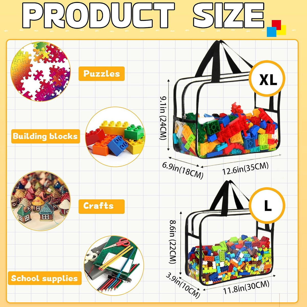 6PCS Toy Storage Bags, Clear Waterproof Toy Organizer Bags with Labels, Suitable for Storing Building Blocks, Puzzles, Stationery, and Books (6PCS Black XL: 13.8 * 9.25 * 6.9Inch)