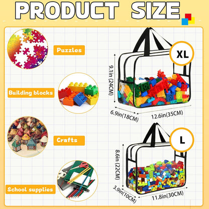 6PCS Toy Storage Bags, Clear Waterproof Toy Organizer Bags with Labels, Suitable for Storing Building Blocks, Puzzles, Stationery, and Books (6PCS Black XL: 13.8 * 9.25 * 6.9Inch)
