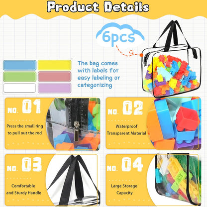 6PCS Toy Storage Bags, Clear Waterproof Toy Organizer Bags with Labels, Suitable for Storing Building Blocks, Puzzles, Stationery, and Books (6PCS Black XL: 13.8 * 9.25 * 6.9Inch)