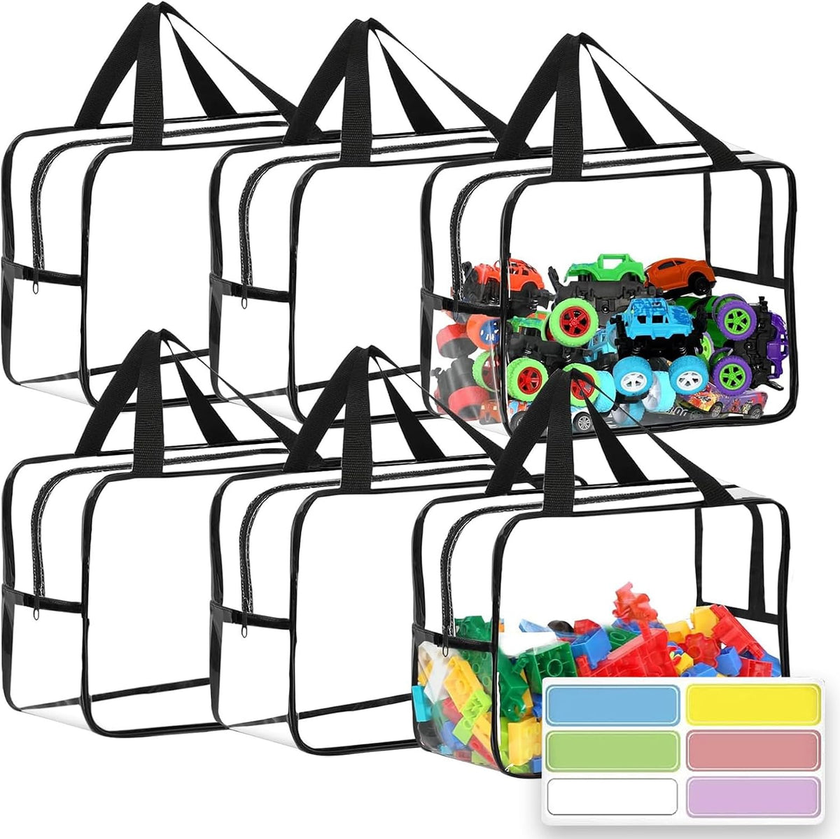 6PCS Toy Storage Bags, Clear Waterproof Toy Organizer Bags with Labels, Suitable for Storing Building Blocks, Puzzles, Stationery, and Books (6PCS Black XL: 13.8 * 9.25 * 6.9Inch)