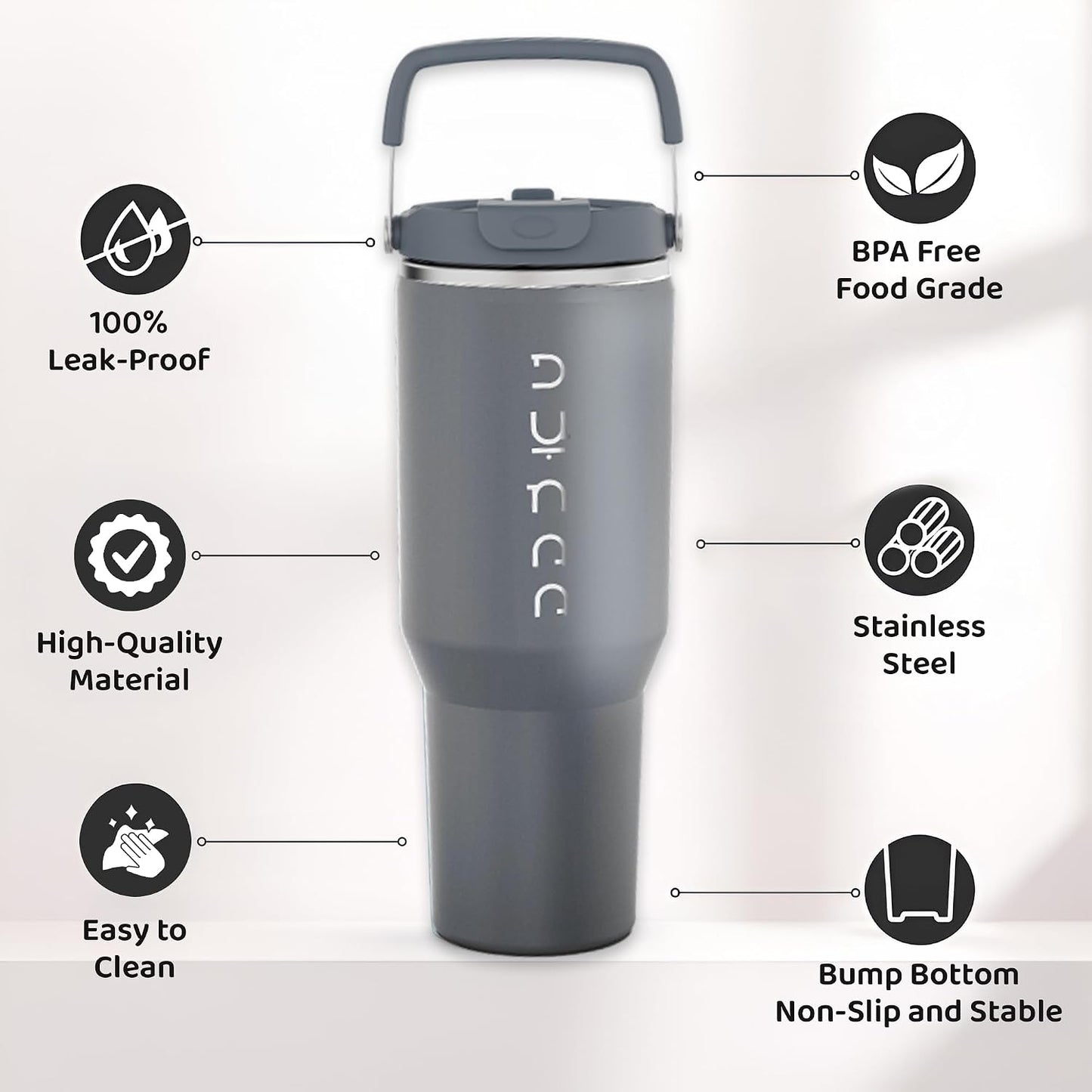 40 oz Insulated Tumbler with Handle & Straw | Grey Stainless Steel Vacuum Insulated Travel Mug with Lid, Leakproof & BPA-Free, Keeps Drinks Cold for 12 Hours and Hot for 6 Hours
