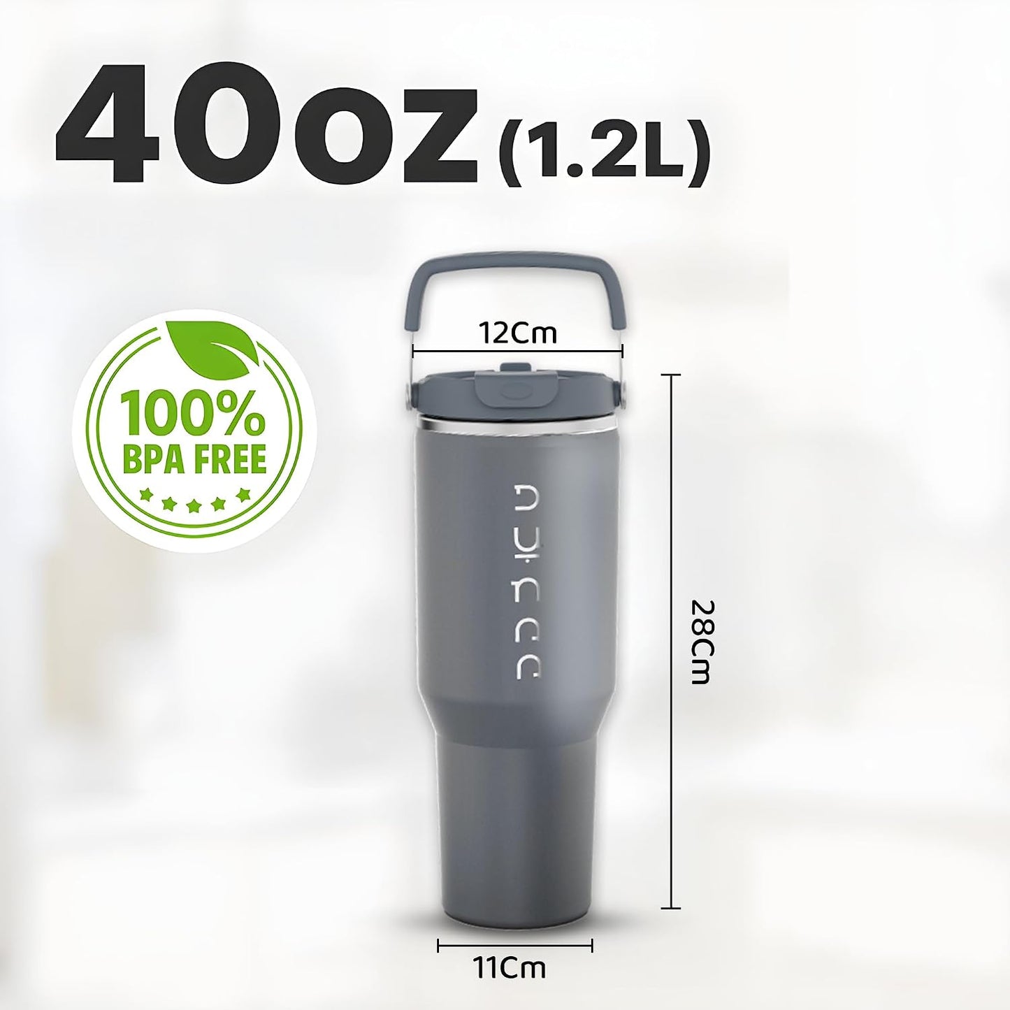 40 oz Insulated Tumbler with Handle & Straw | Grey Stainless Steel Vacuum Insulated Travel Mug with Lid, Leakproof & BPA-Free, Keeps Drinks Cold for 12 Hours and Hot for 6 Hours