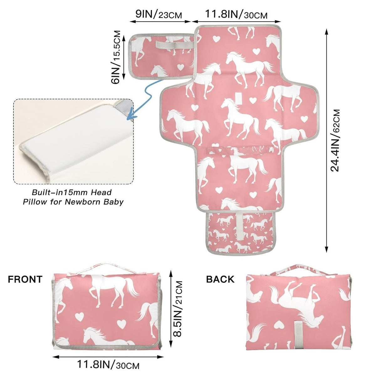 Horses Hearts Pattern Portable Diaper Changing Pad for Walks