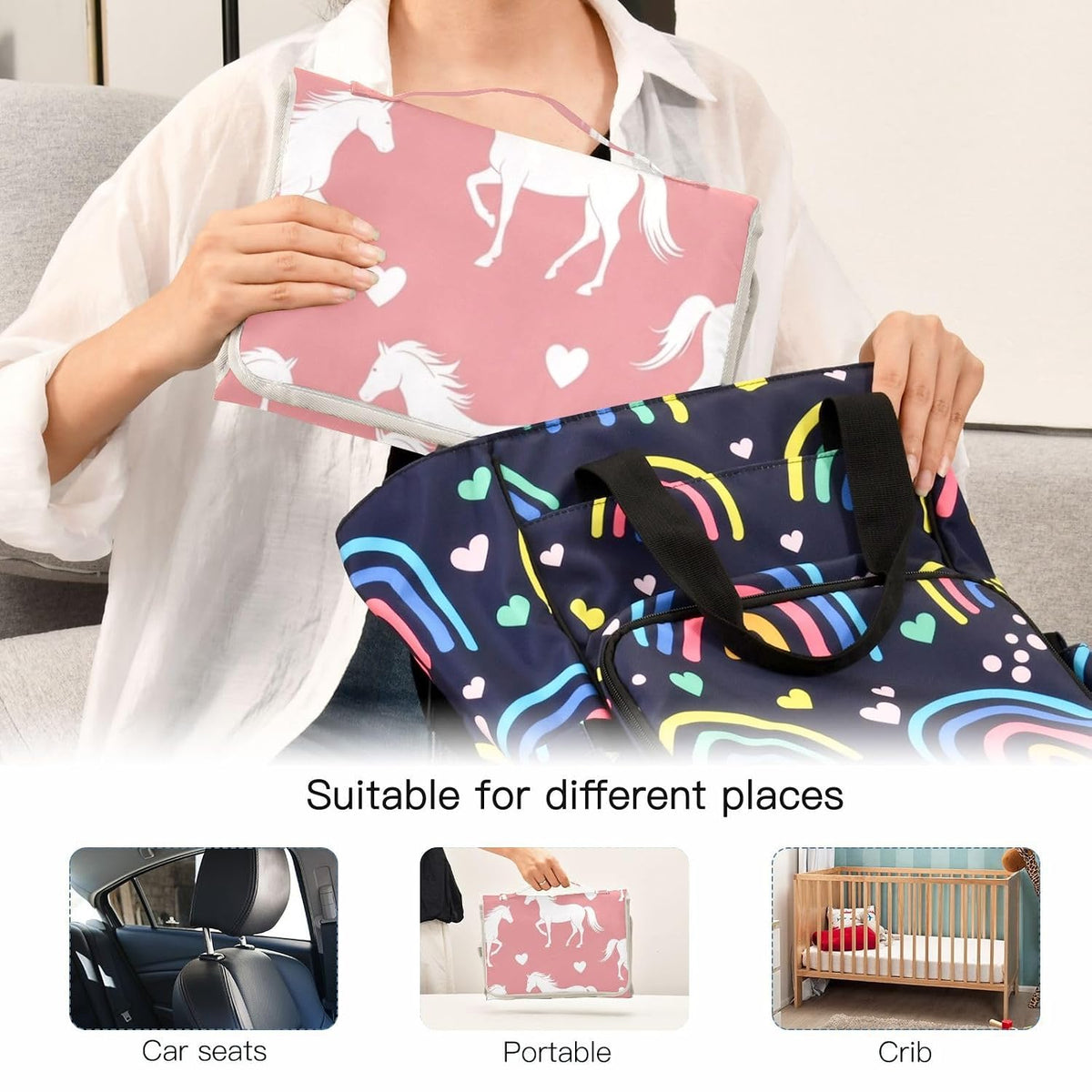 Horses Hearts Pattern Portable Diaper Changing Pad for Walks