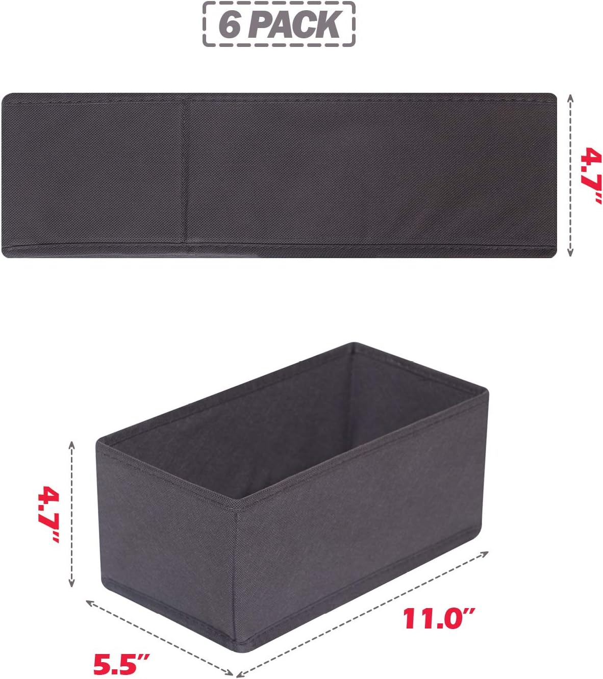 6 Pack Foldable Cloth Storage Box Closet Dresser Drawer Organizer Divider Fabric Baskets Bins Containers for Clothes Underwear Bras Socks Lingerie Clothing, Dark Grey 060