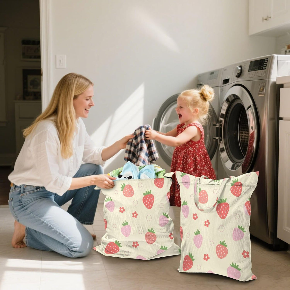 Strawberries Flowers Waterproof Travel Laundry Bag Easy Care Pack of 2