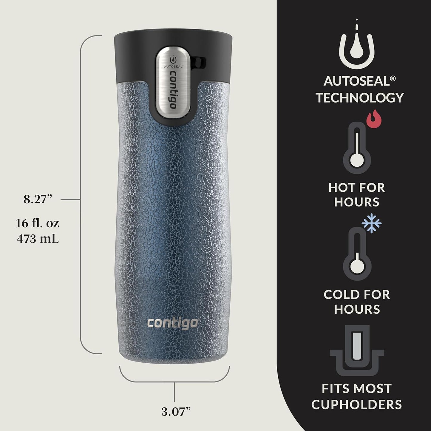 AUTOSEAL West Loop Vacuum-Insulated Stainless Steel Travel Mug with Easy-Clean Lid 16 oz