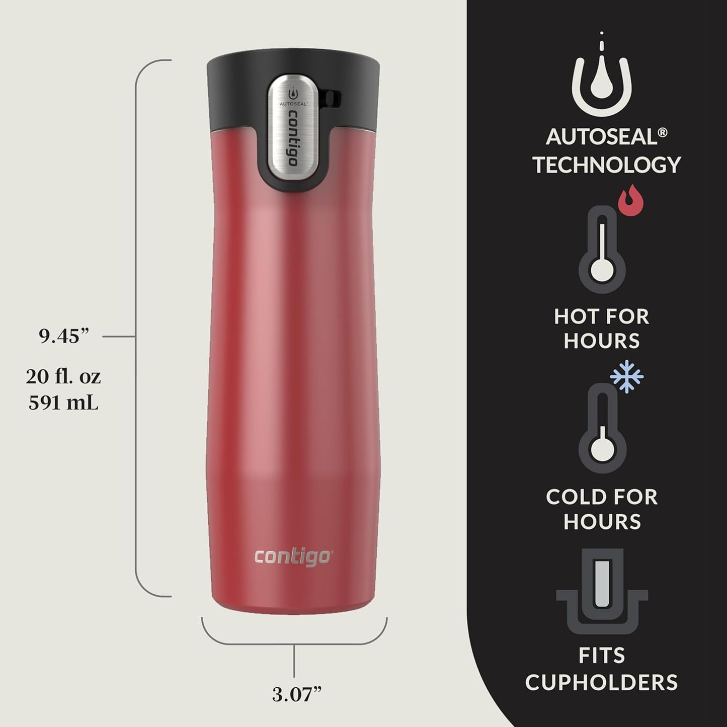 AUTOSEAL West Loop Vacuum-Insulated Stainless Steel Travel Mug with Easy-Clean Lid 16 oz