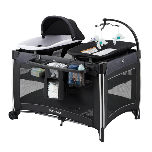 4 in 1 Baby Playards with Bassinet, Portable Crib with Toy Mobile