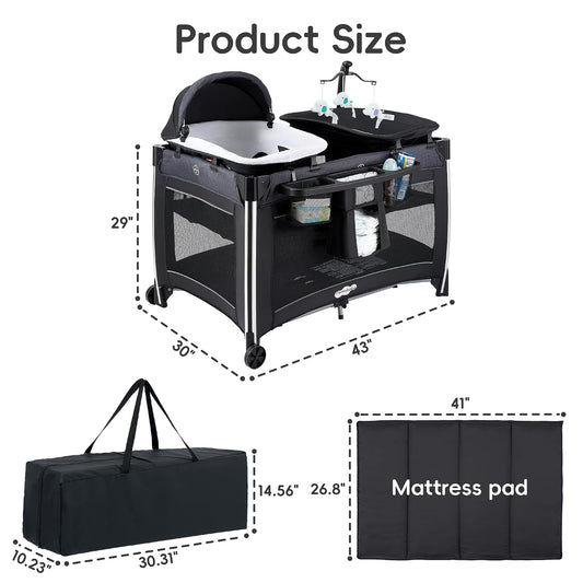 4 in 1 Baby Playards with Bassinet, Portable Crib with Toy Mobile
