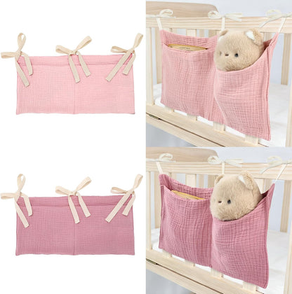 2pcs Cotton Pram Stroller Caddy Baby Crib Hanging Organizers Storage Pockets Nappy Diaper Bags Bedside Pockets for Milk Bottle/Soothing Toys/Wipes (Pink Set)
