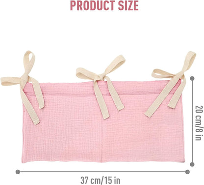 2pcs Cotton Pram Stroller Caddy Baby Crib Hanging Organizers Storage Pockets Nappy Diaper Bags Bedside Pockets for Milk Bottle/Soothing Toys/Wipes (Pink Set)