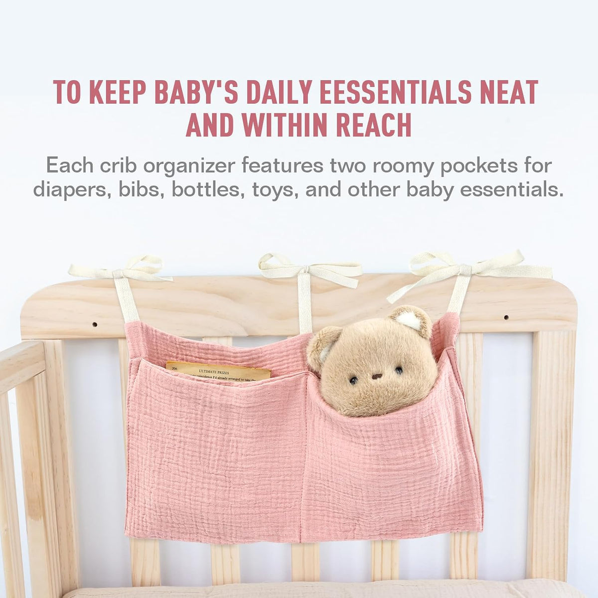 2pcs Cotton Pram Stroller Caddy Baby Crib Hanging Organizers Storage Pockets Nappy Diaper Bags Bedside Pockets for Milk Bottle/Soothing Toys/Wipes (Pink Set)