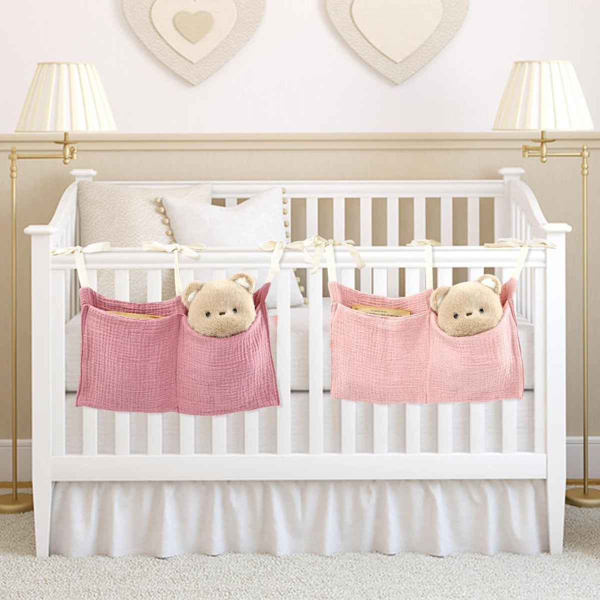 2pcs Cotton Pram Stroller Caddy Baby Crib Hanging Organizers Storage Pockets Nappy Diaper Bags Bedside Pockets for Milk Bottle/Soothing Toys/Wipes (Pink Set)