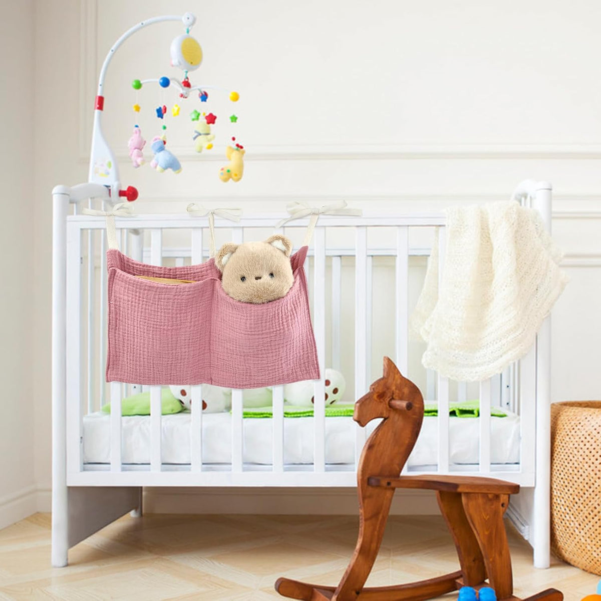 2pcs Cotton Pram Stroller Caddy Baby Crib Hanging Organizers Storage Pockets Nappy Diaper Bags Bedside Pockets for Milk Bottle/Soothing Toys/Wipes (Pink Set)