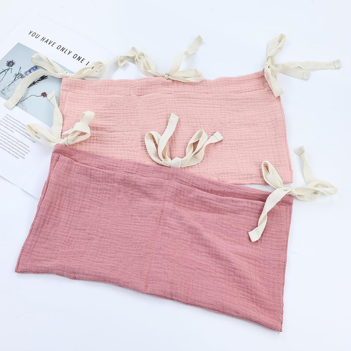 2pcs Cotton Pram Stroller Caddy Baby Crib Hanging Organizers Storage Pockets Nappy Diaper Bags Bedside Pockets for Milk Bottle/Soothing Toys/Wipes (Pink Set)