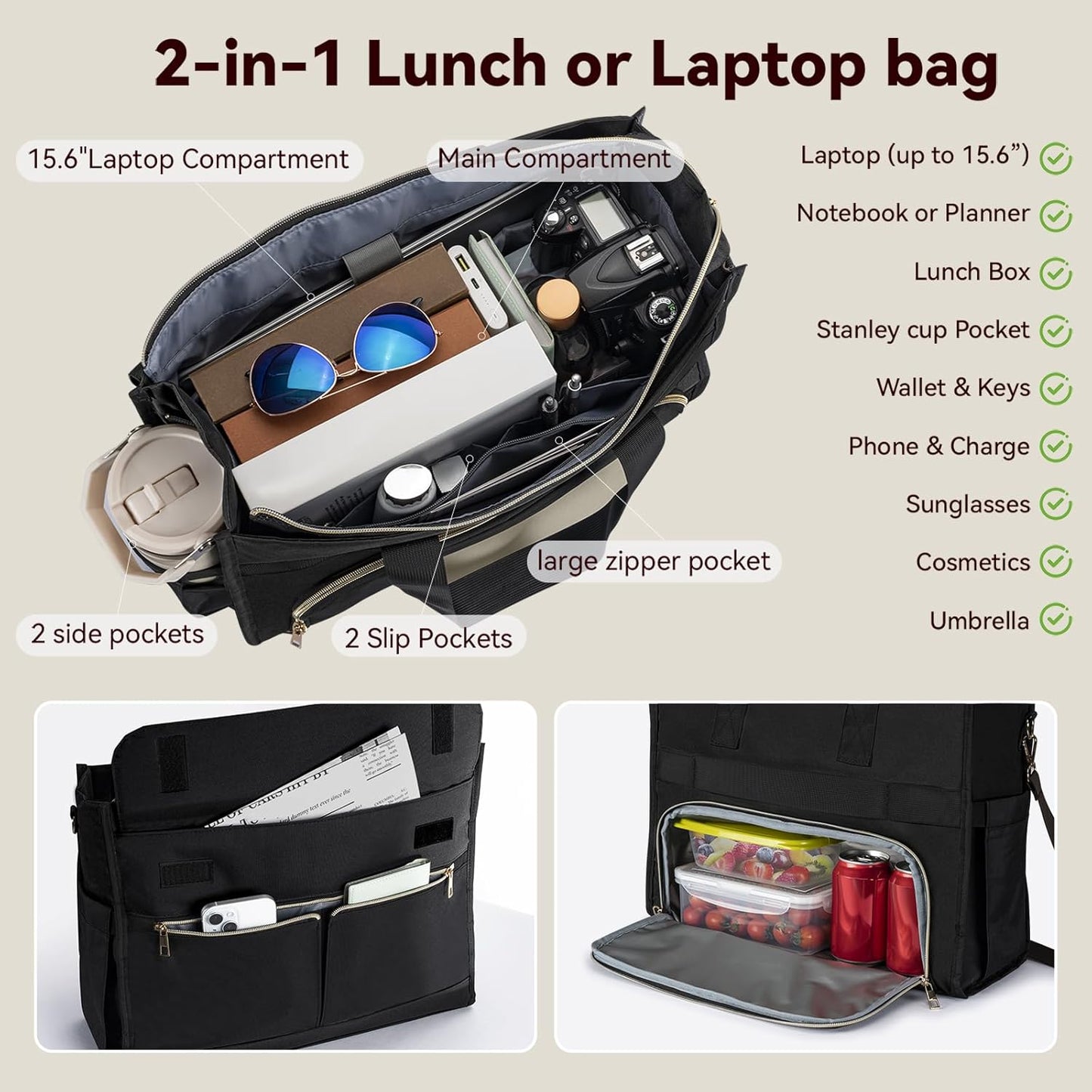 Insulated Lunch Bag for Women, 15.6" Laptop Tote with Leakproof Cooler Compartment for Nurse Teacher Work Office and Outdoor