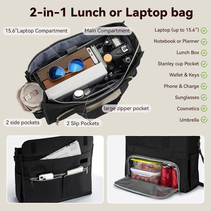 Insulated Lunch Bag for Women, 15.6" Laptop Tote with Leakproof Cooler Compartment for Nurse Teacher Work Office and Outdoor