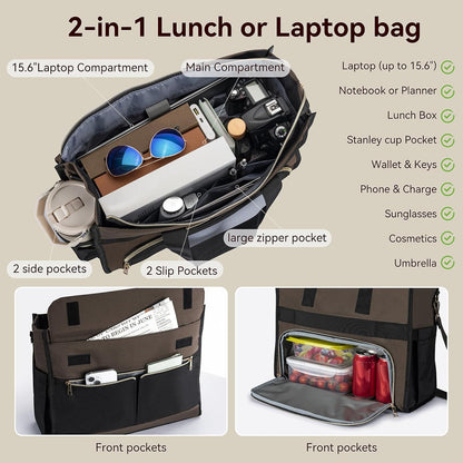 Insulated Lunch Bag for Women, 15.6" Laptop Tote with Leakproof Cooler Compartment for Nurse Teacher Work Office and Outdoor