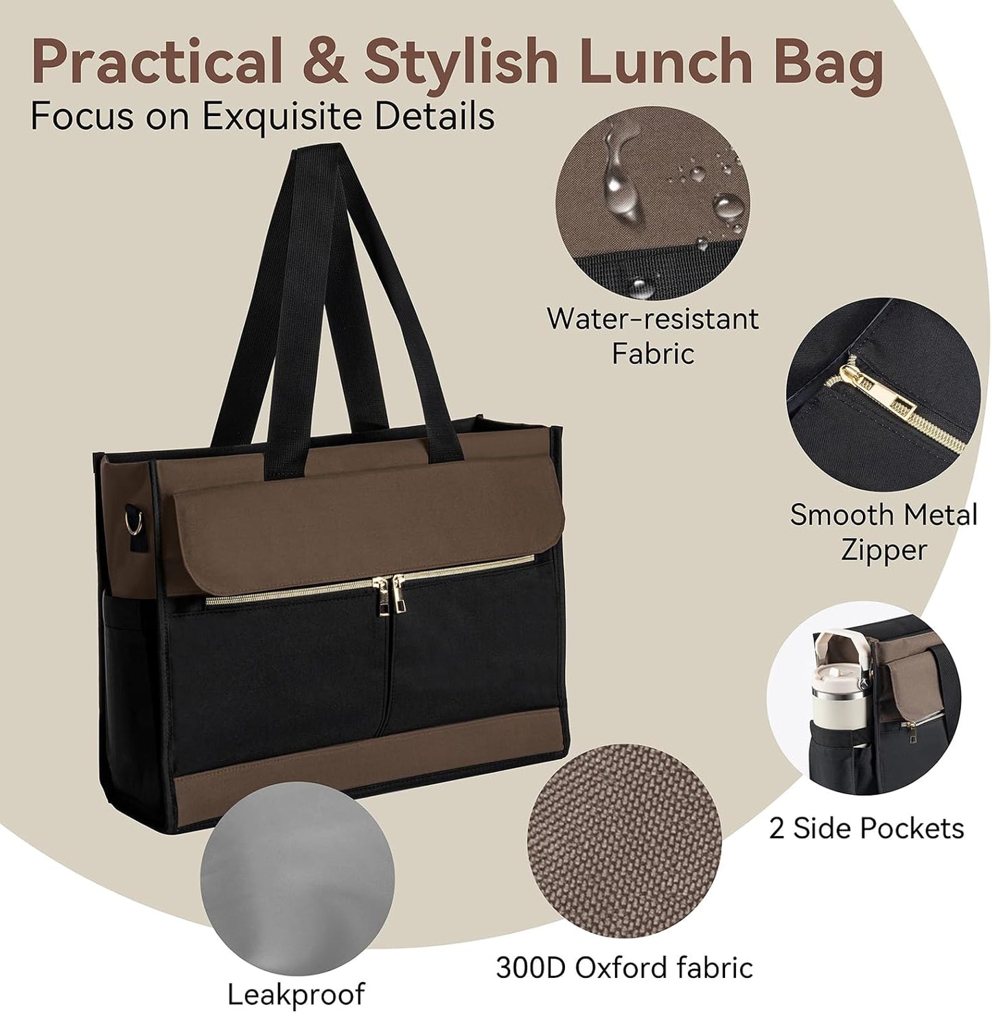 Insulated Lunch Bag for Women, 15.6" Laptop Tote with Leakproof Cooler Compartment for Nurse Teacher Work Office and Outdoor