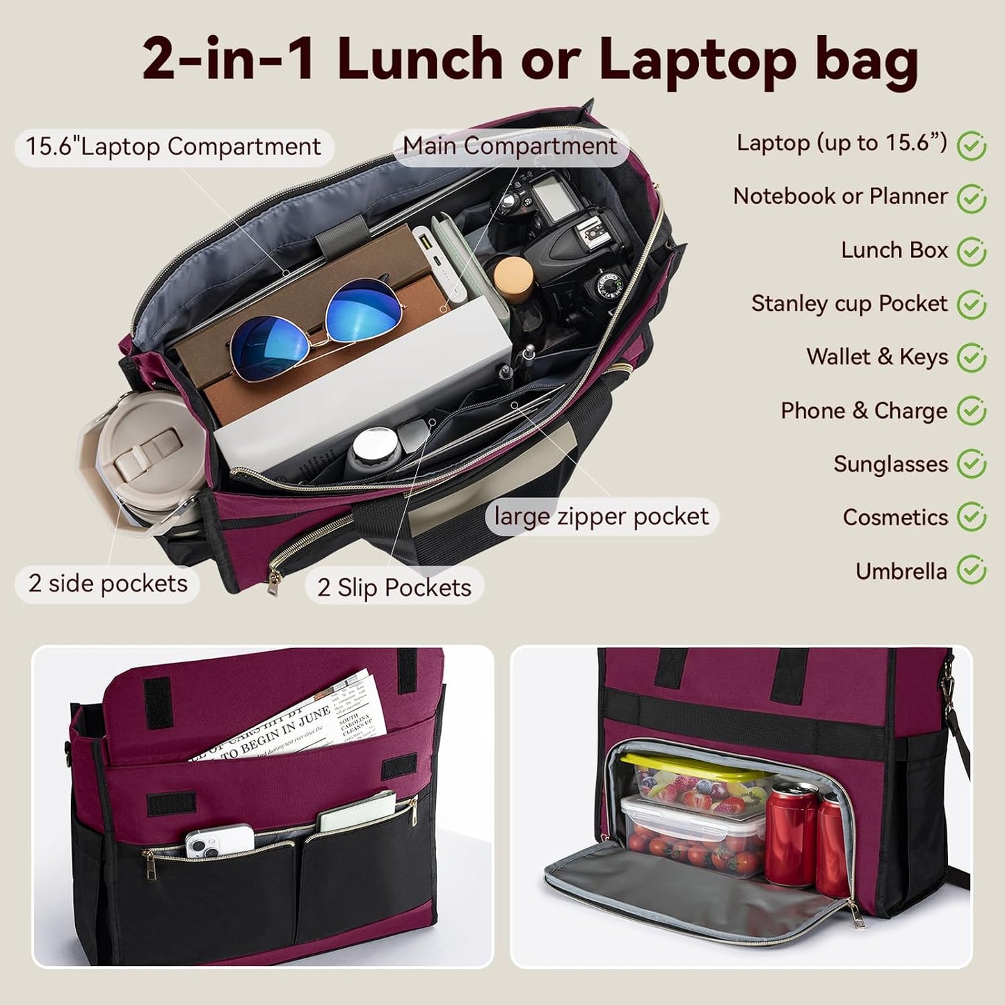 Insulated Lunch Bag for Women, 15.6" Laptop Tote with Leakproof Cooler Compartment for Nurse Teacher Work Office and Outdoor