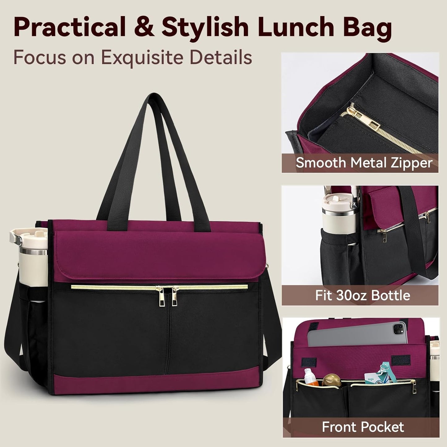 Insulated Lunch Bag for Women, 15.6" Laptop Tote with Leakproof Cooler Compartment for Nurse Teacher Work Office and Outdoor