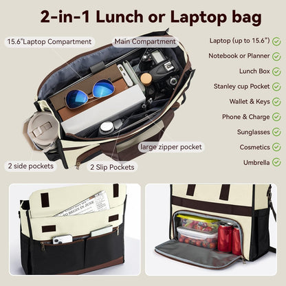 Insulated Lunch Bag for Women, 15.6" Laptop Tote with Leakproof Cooler Compartment for Nurse Teacher Work Office and Outdoor
