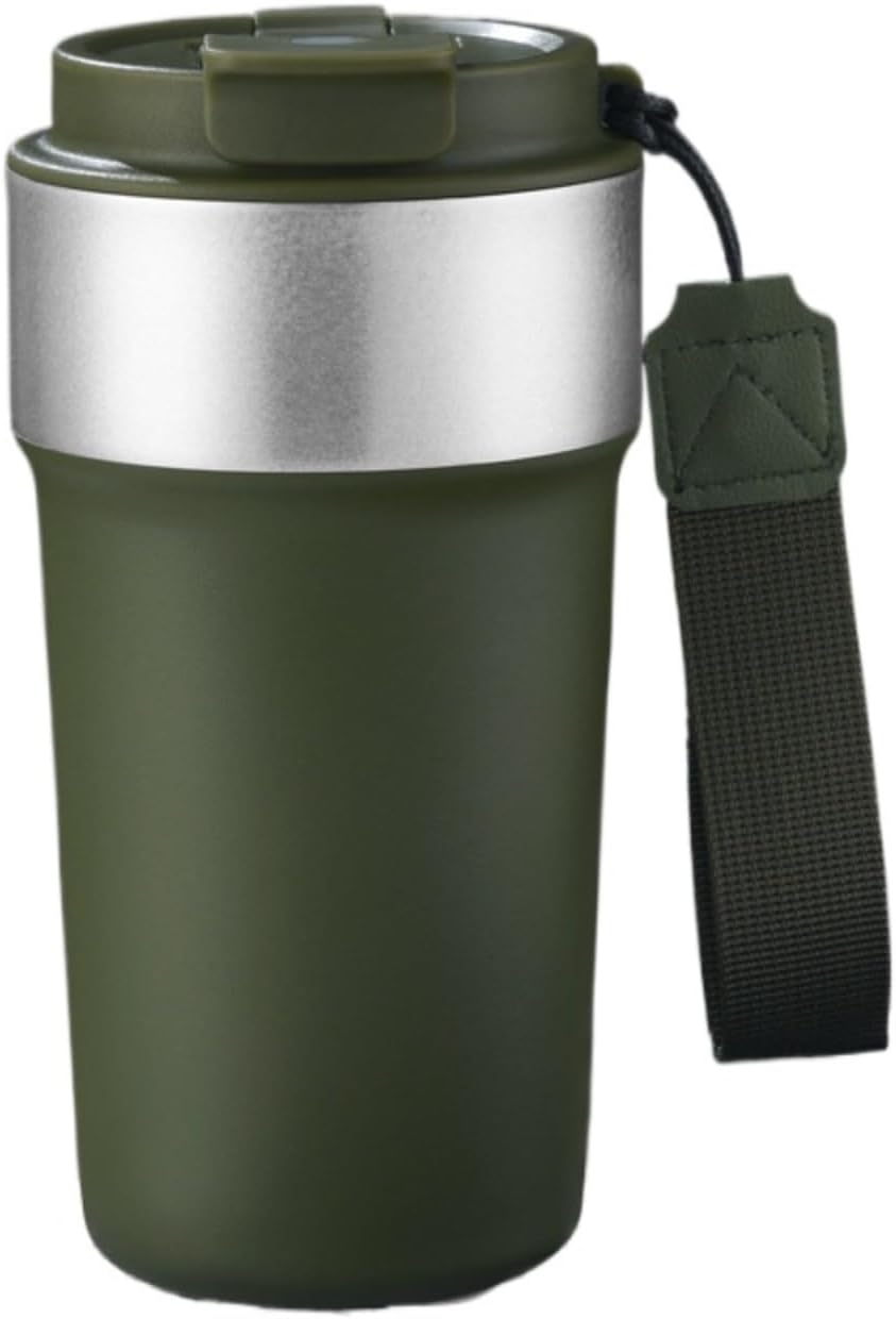 17oz Travel Coffee Mug with Straw, Vacuum Insulated Stainless Steel Tumbler with Carry Strap, Double Wall Reusable Cup for Car and Commuting - 510ml (Dark Coffee)