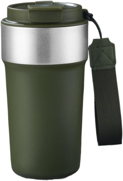 17oz Travel Coffee Mug with Straw, Vacuum Insulated Stainless Steel Tumbler with Carry Strap, Double Wall Reusable Cup for Car and Commuting - 510ml (Dark Coffee)