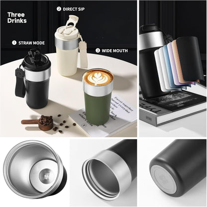 17oz Travel Coffee Mug with Straw, Vacuum Insulated Stainless Steel Tumbler with Carry Strap, Double Wall Reusable Cup for Car and Commuting - 510ml (Dark Coffee)