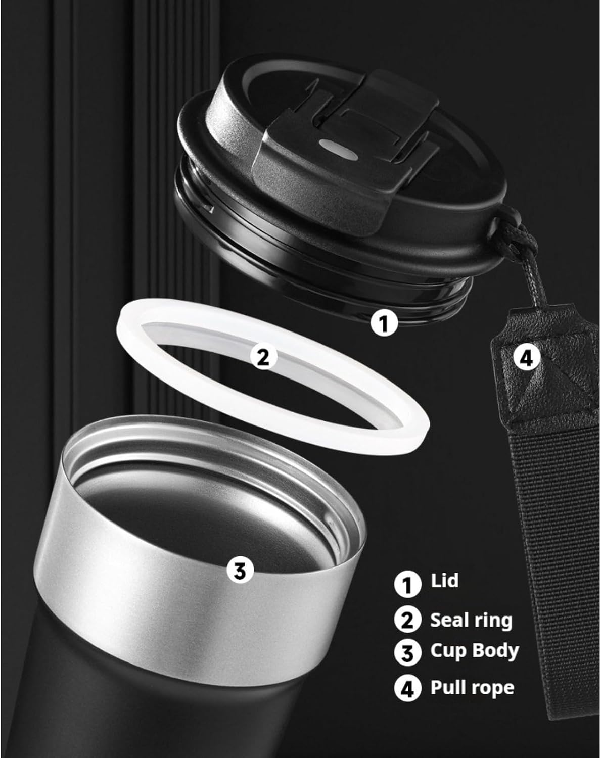 17oz Travel Coffee Mug with Straw, Vacuum Insulated Stainless Steel Tumbler with Carry Strap, Double Wall Reusable Cup for Car and Commuting - 510ml (Dark Coffee)